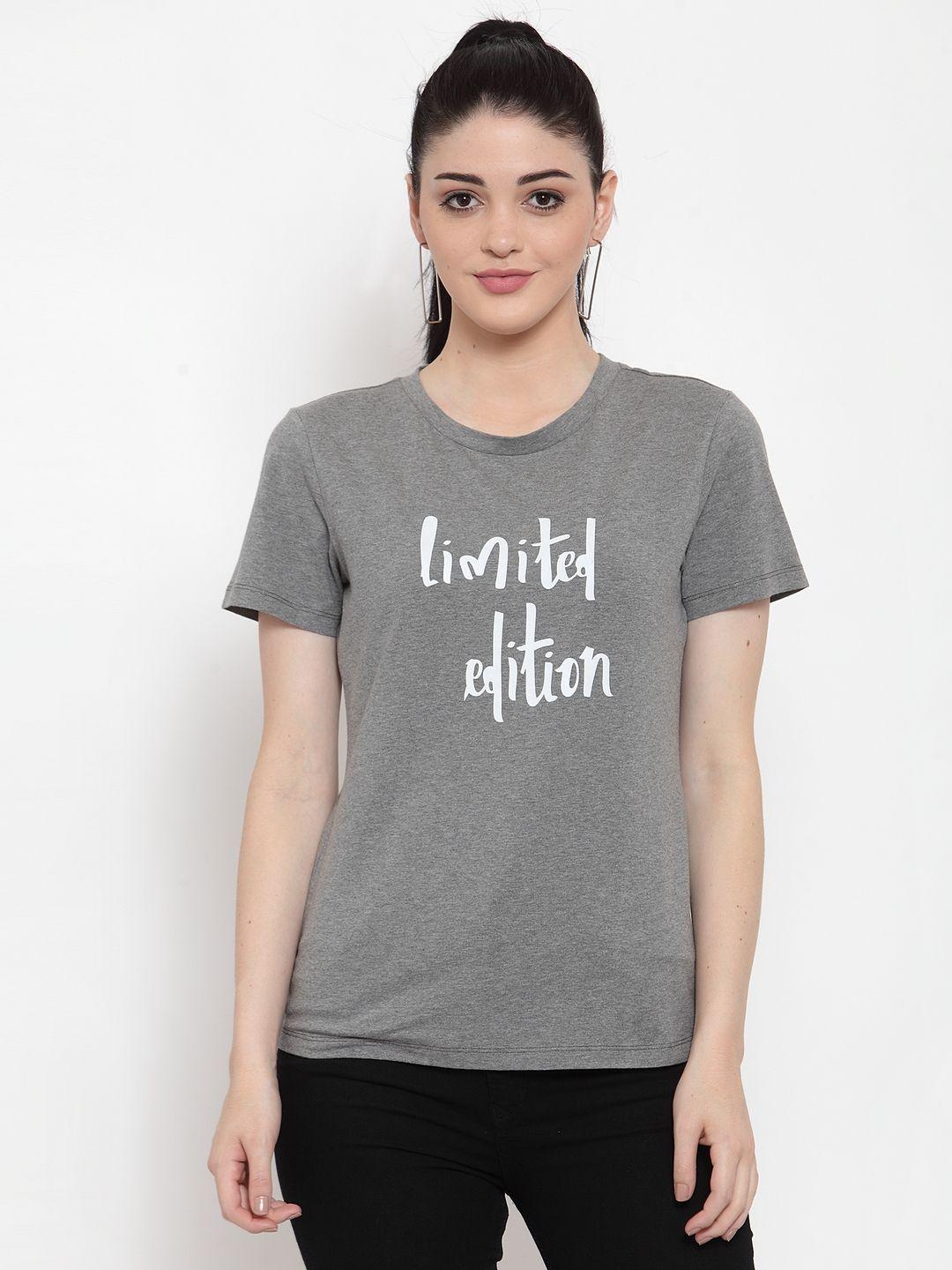 door74 women grey printed round neck t-shirt