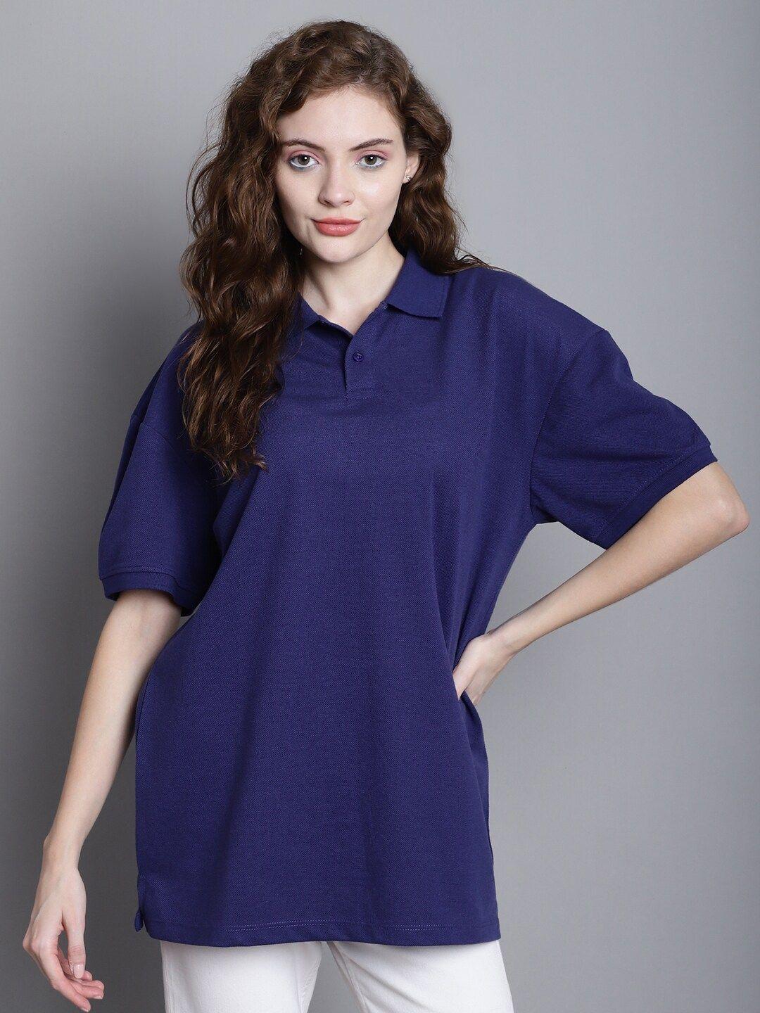 door74 women navy blue polo collar applique t-shirt