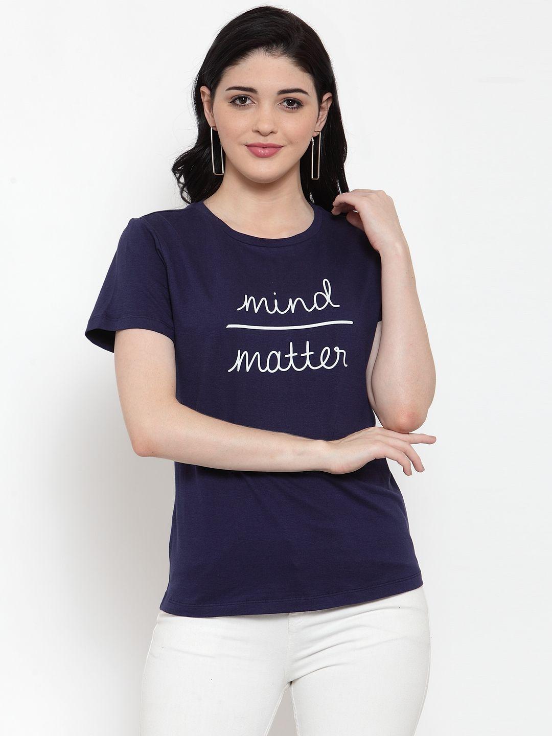 door74 women navy blue printed round neck t-shirt