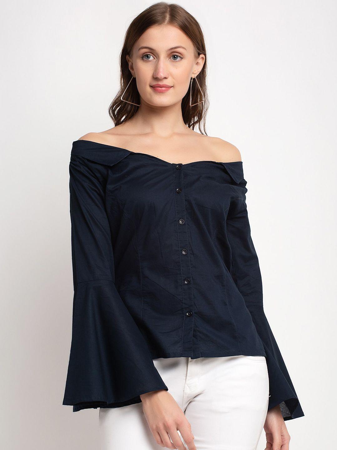 door74 women navy blue regular fit solid casual shirt