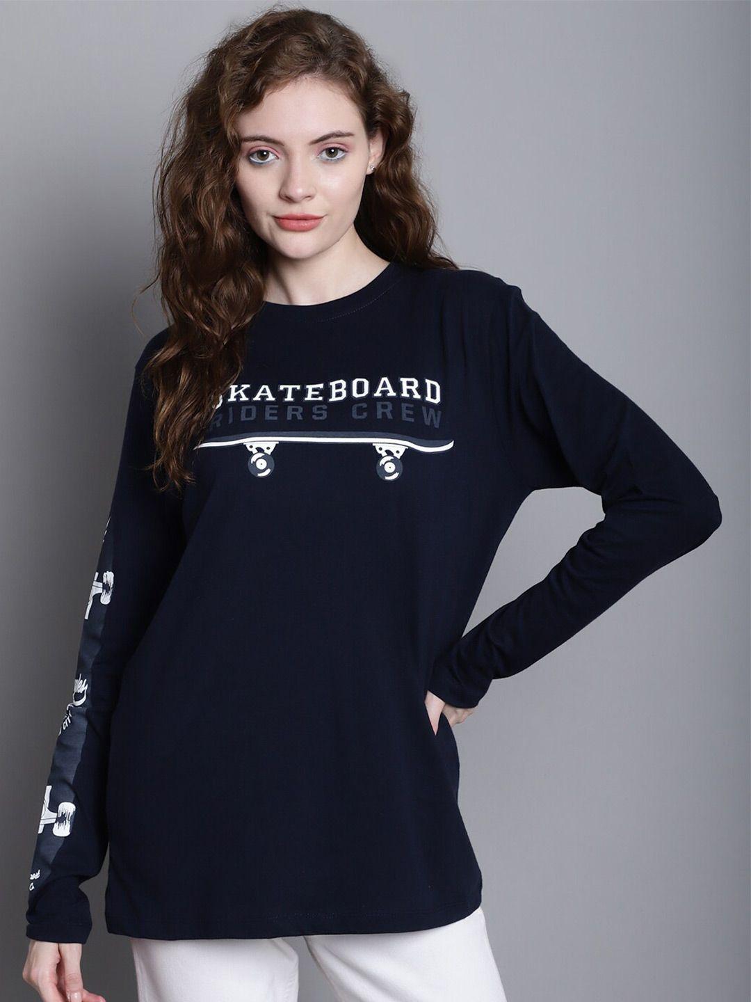 door74 women navy blue typography printed applique t-shirt