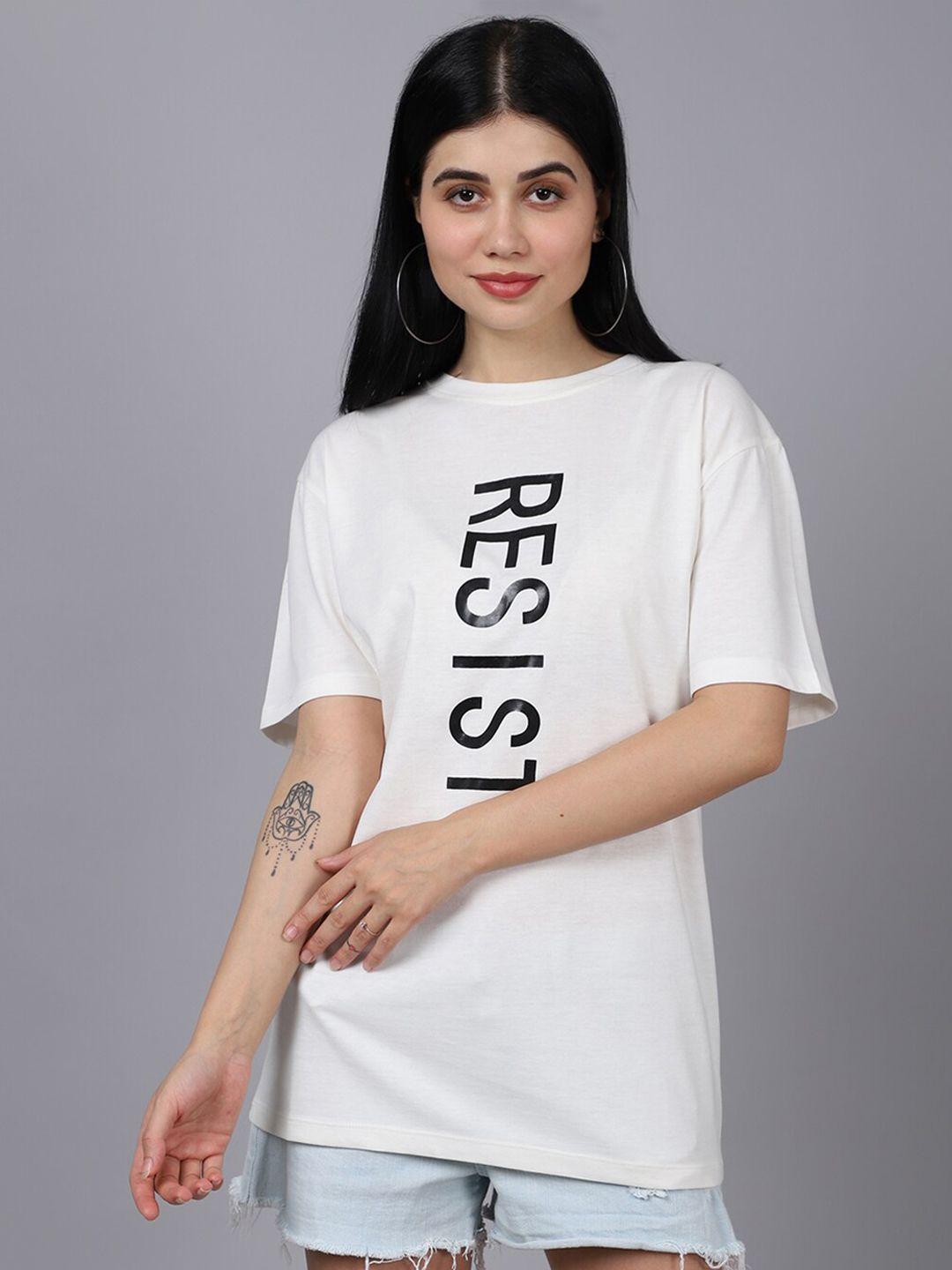 door74 women off white typography printed drop-shoulder sleeves oversized loose t-shirt