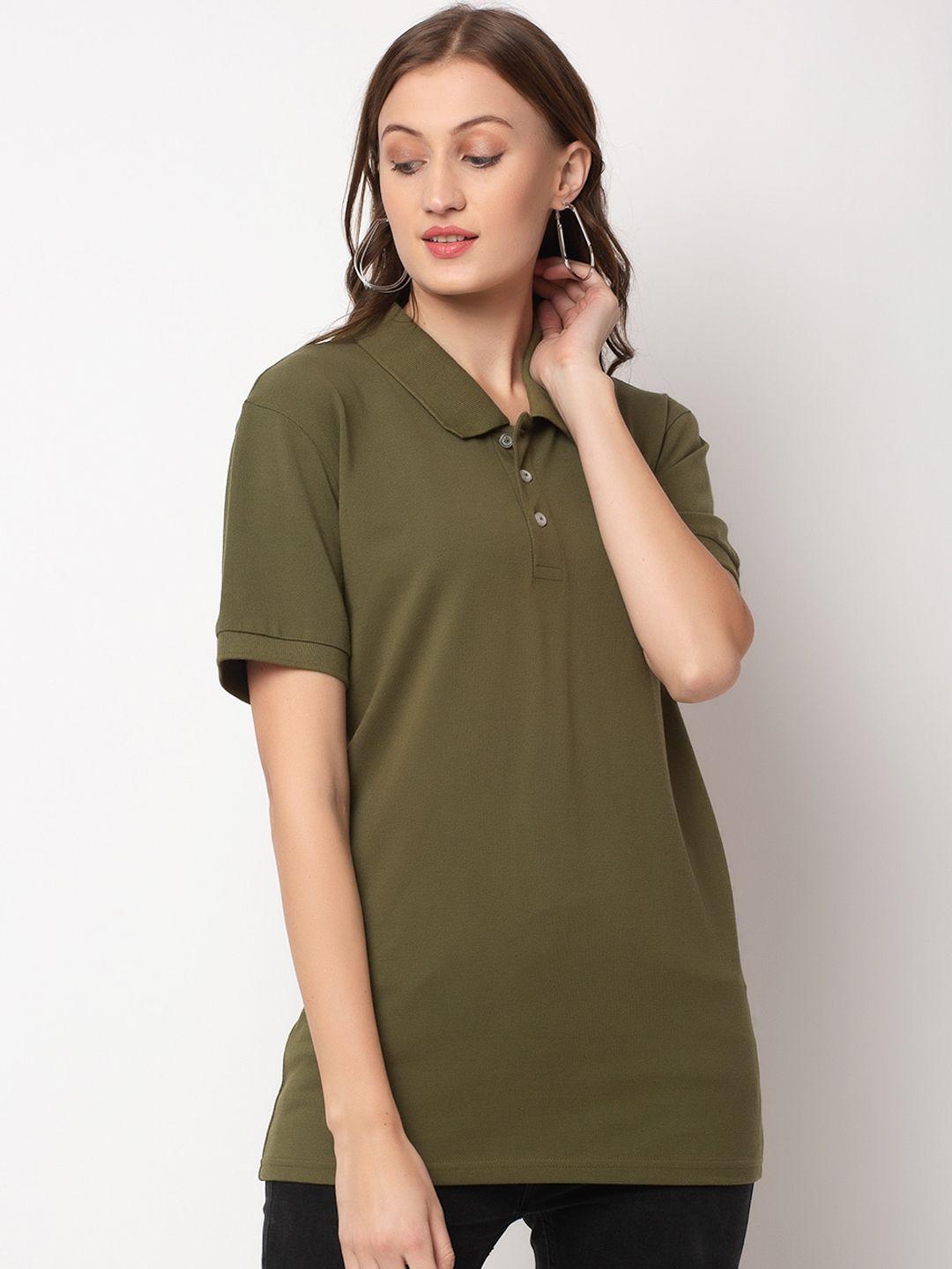 door74 women olive green solid polo collar t-shirt