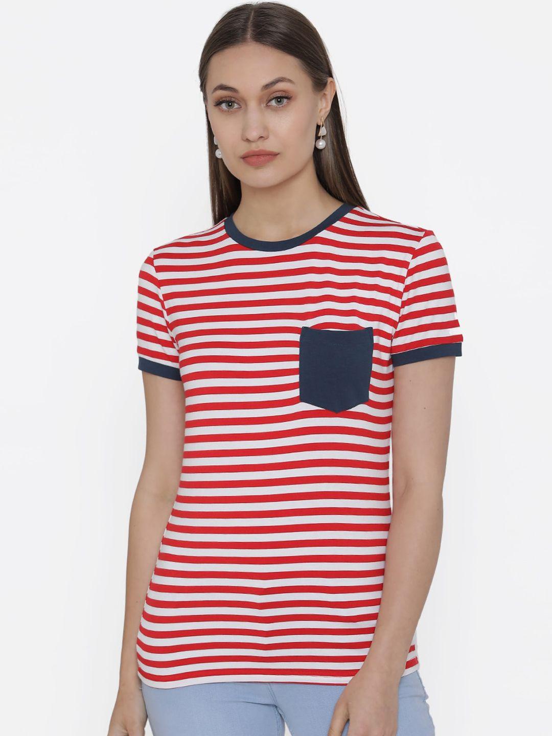 door74 women red & white striped round neck t-shirt