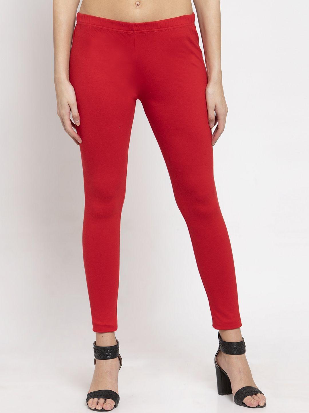 door74 women red solid ankle-length leggings