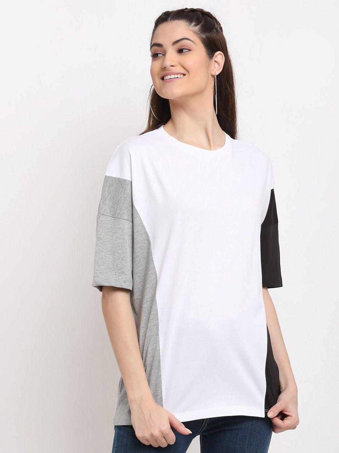 door74 women white & grey colourblocked drop-shoulder loose t-shirt