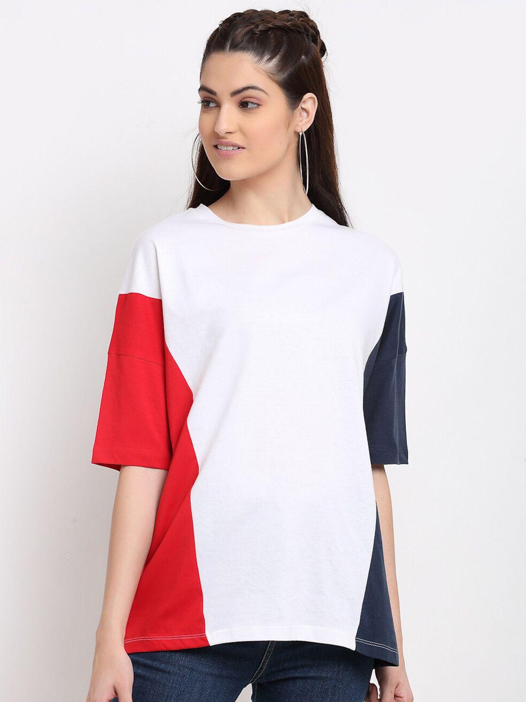 door74 women white & navy blue colourblocked boxy cottont-shirt