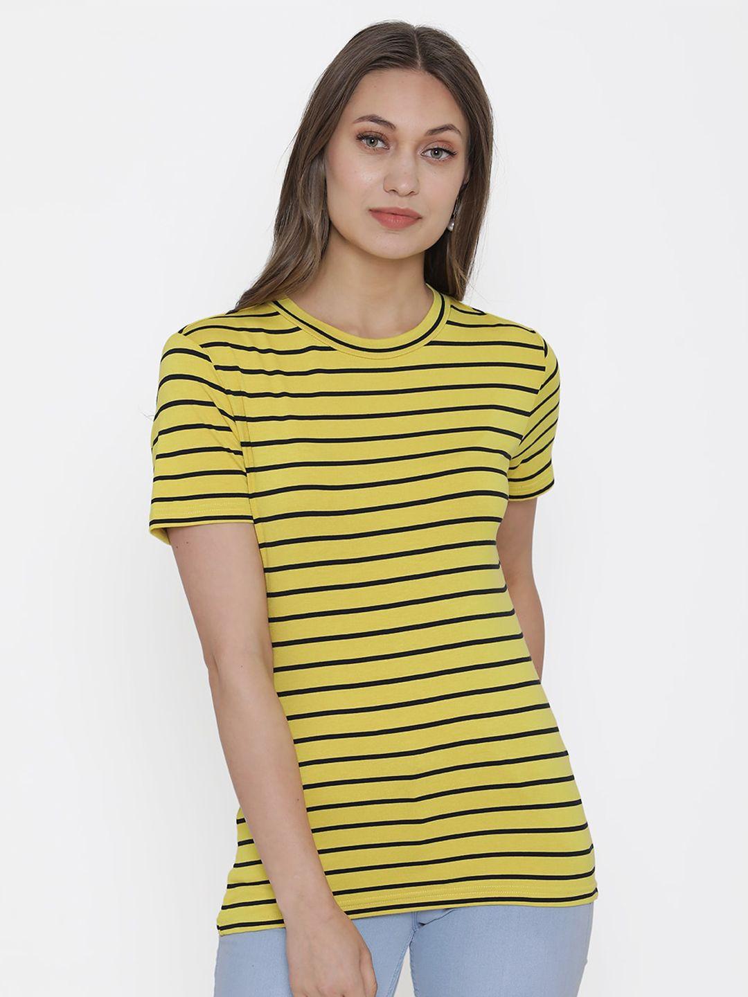 door74 women yellow & black striped cotton t-shirt