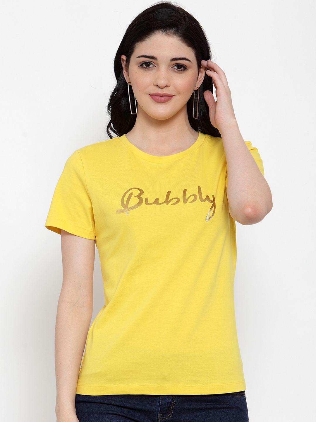 door74 women yellow printed round neck t-shirt