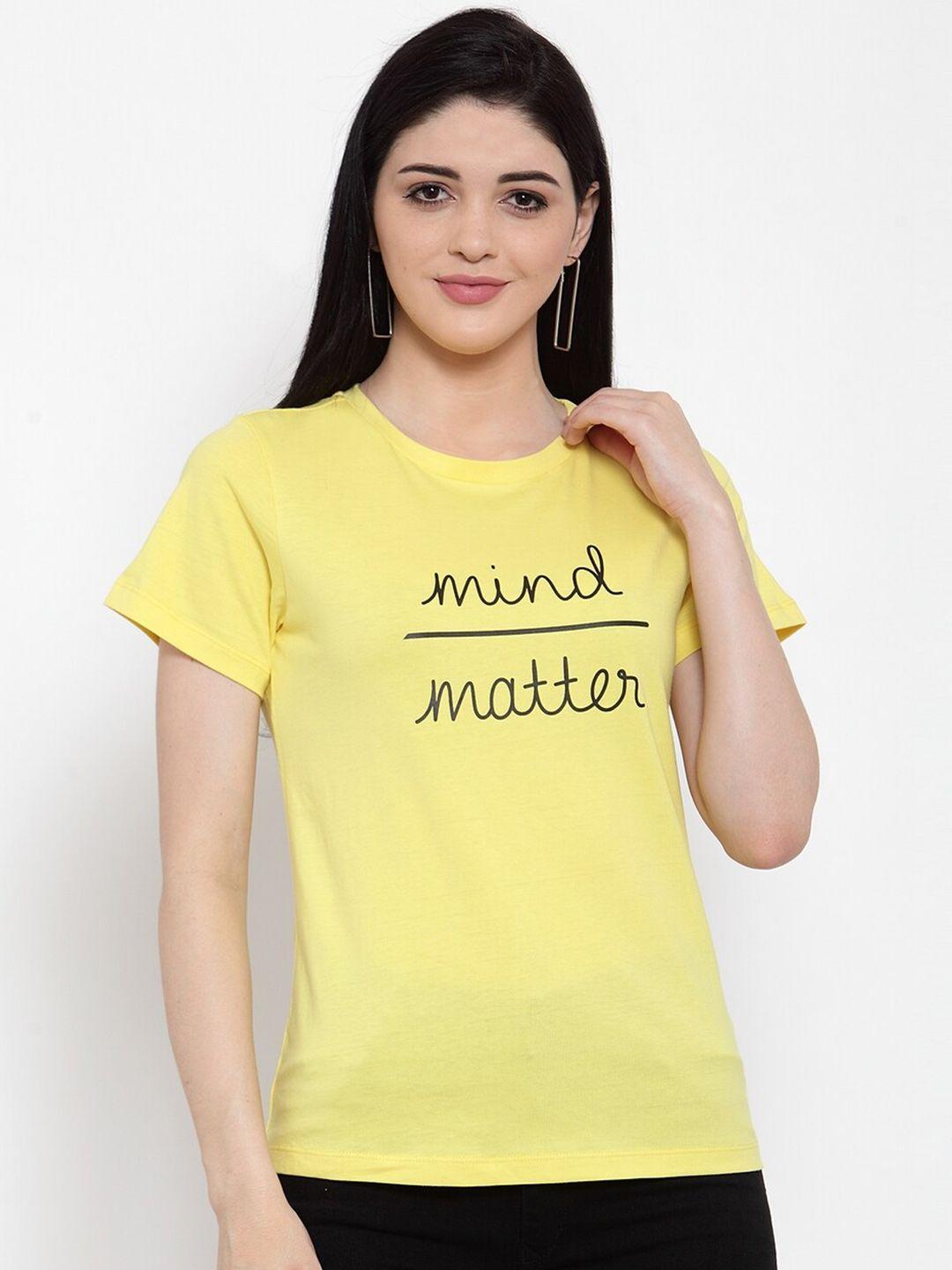 door74 women yellow typography printed t-shirt