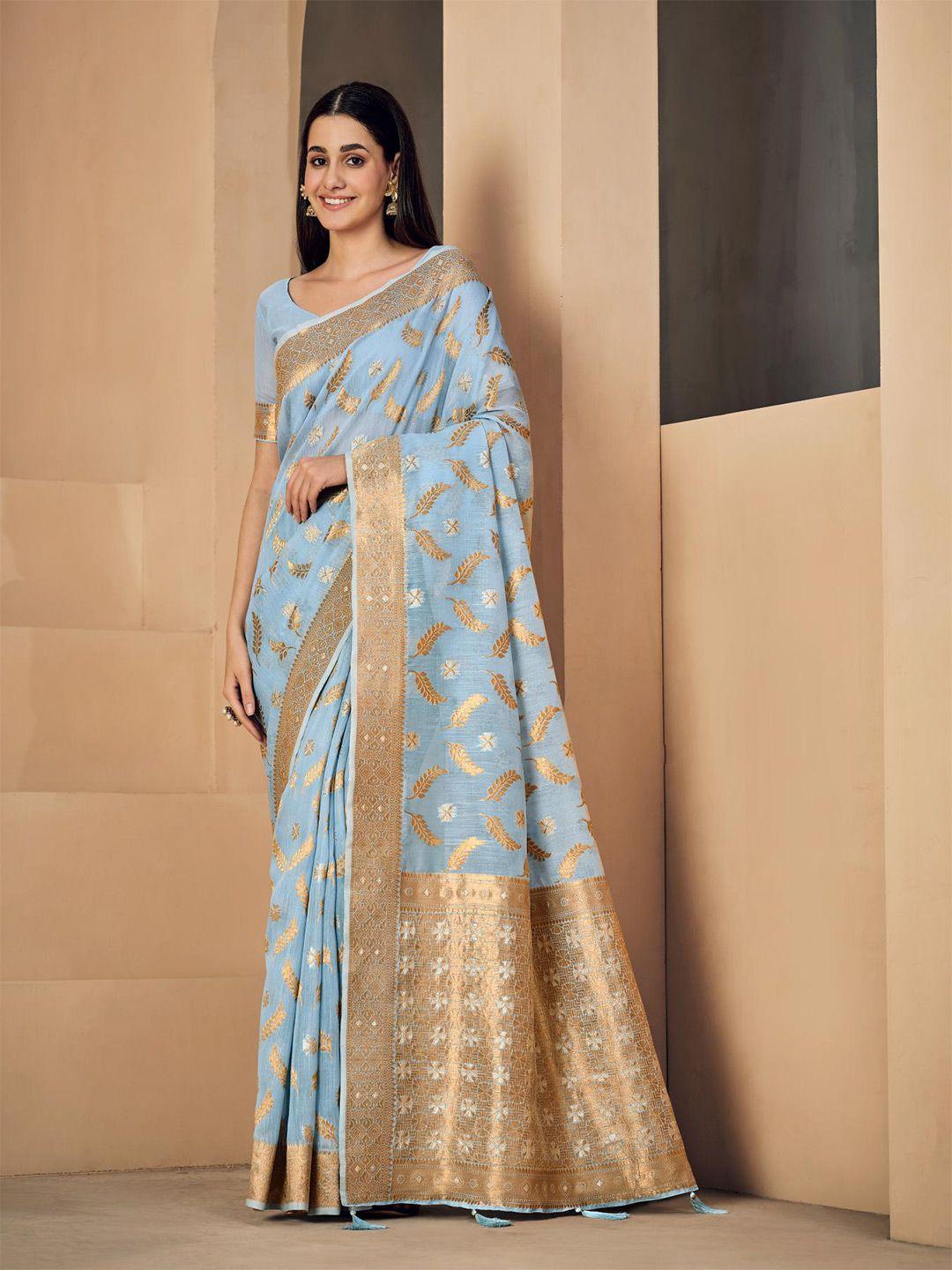 dori blue & gold-toned floral linen blend designer saree