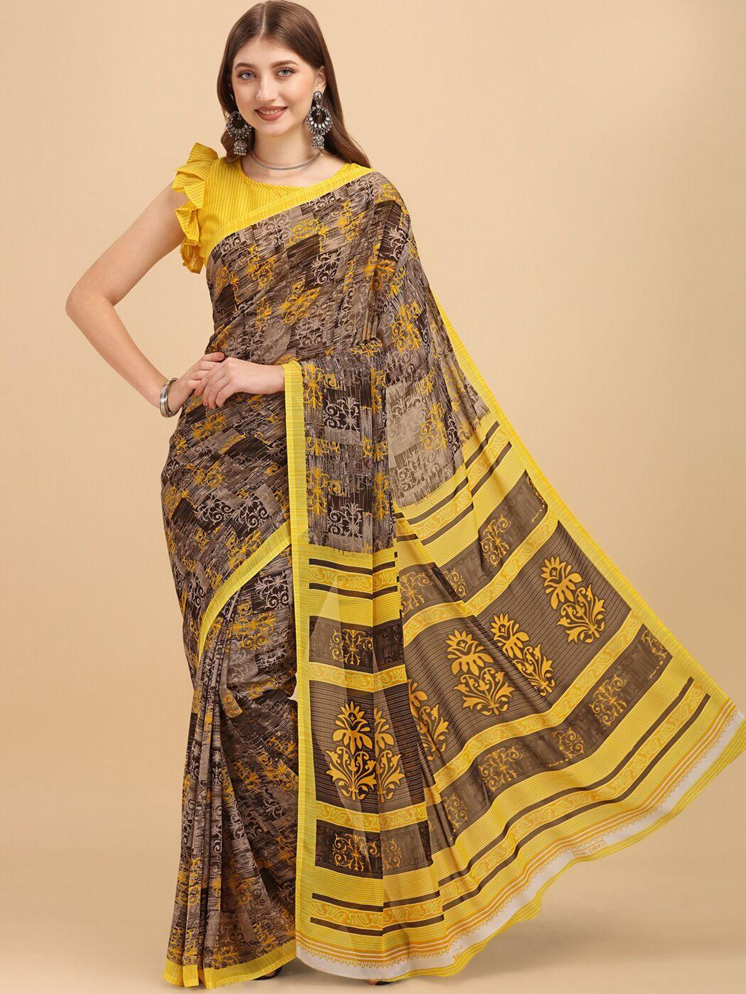 dori brown & yellow ethnic motifs pure georgette saree