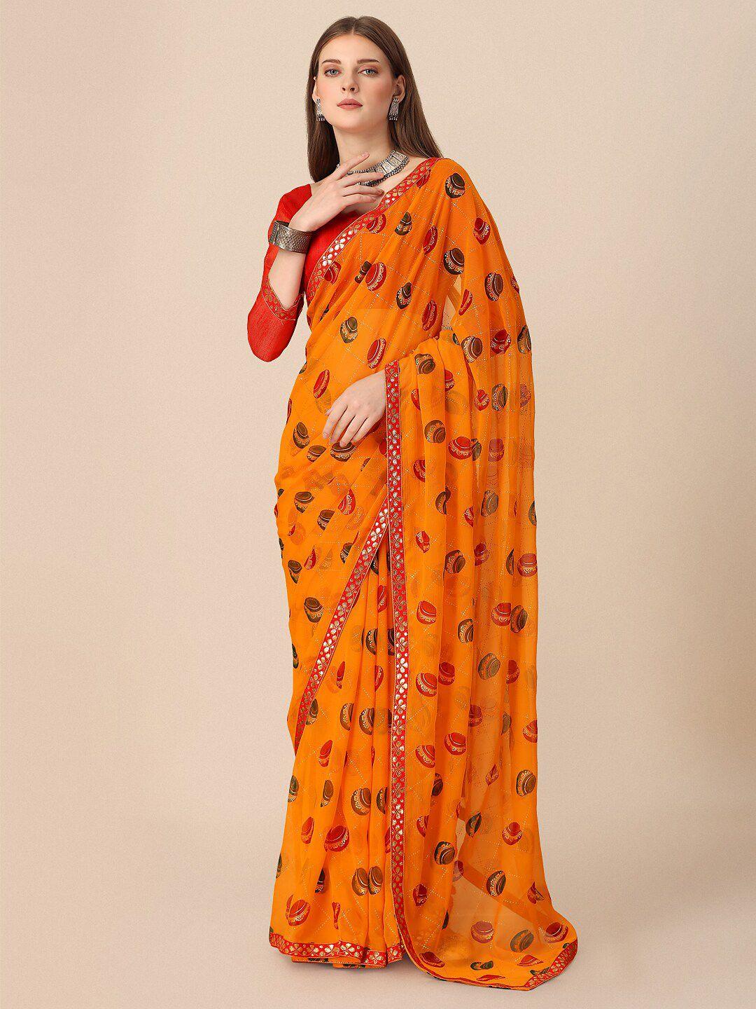 dori ethnic motifs printed mirror work pure chiffon saree