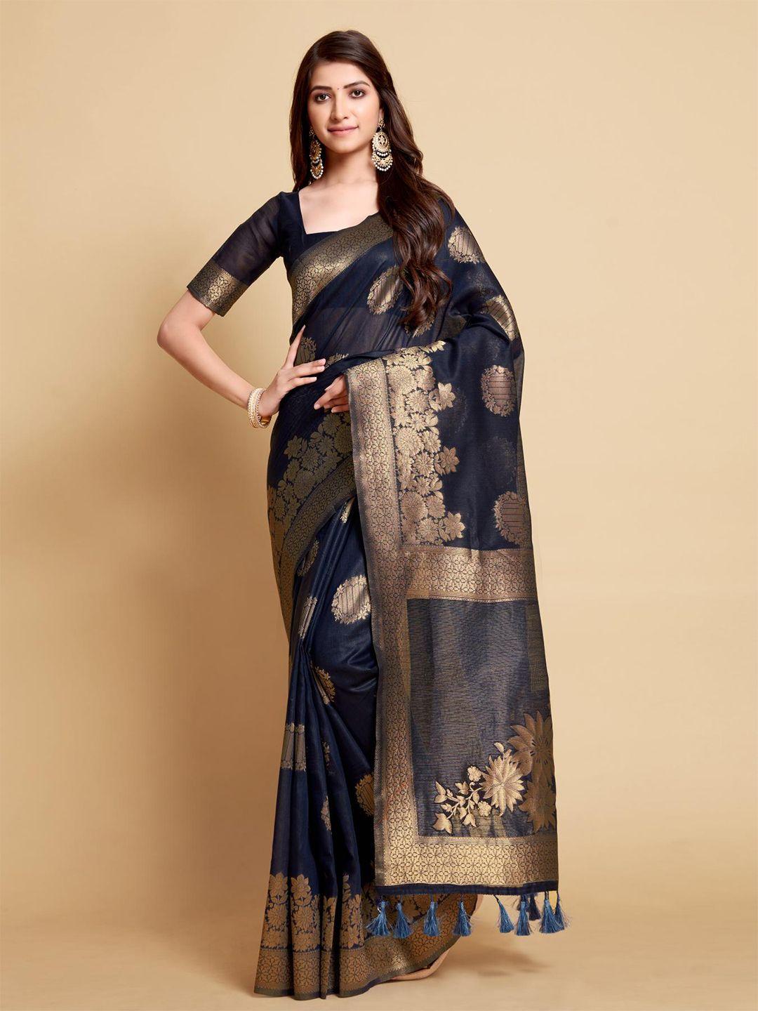 dori floral woven design linen blend saree with tassels