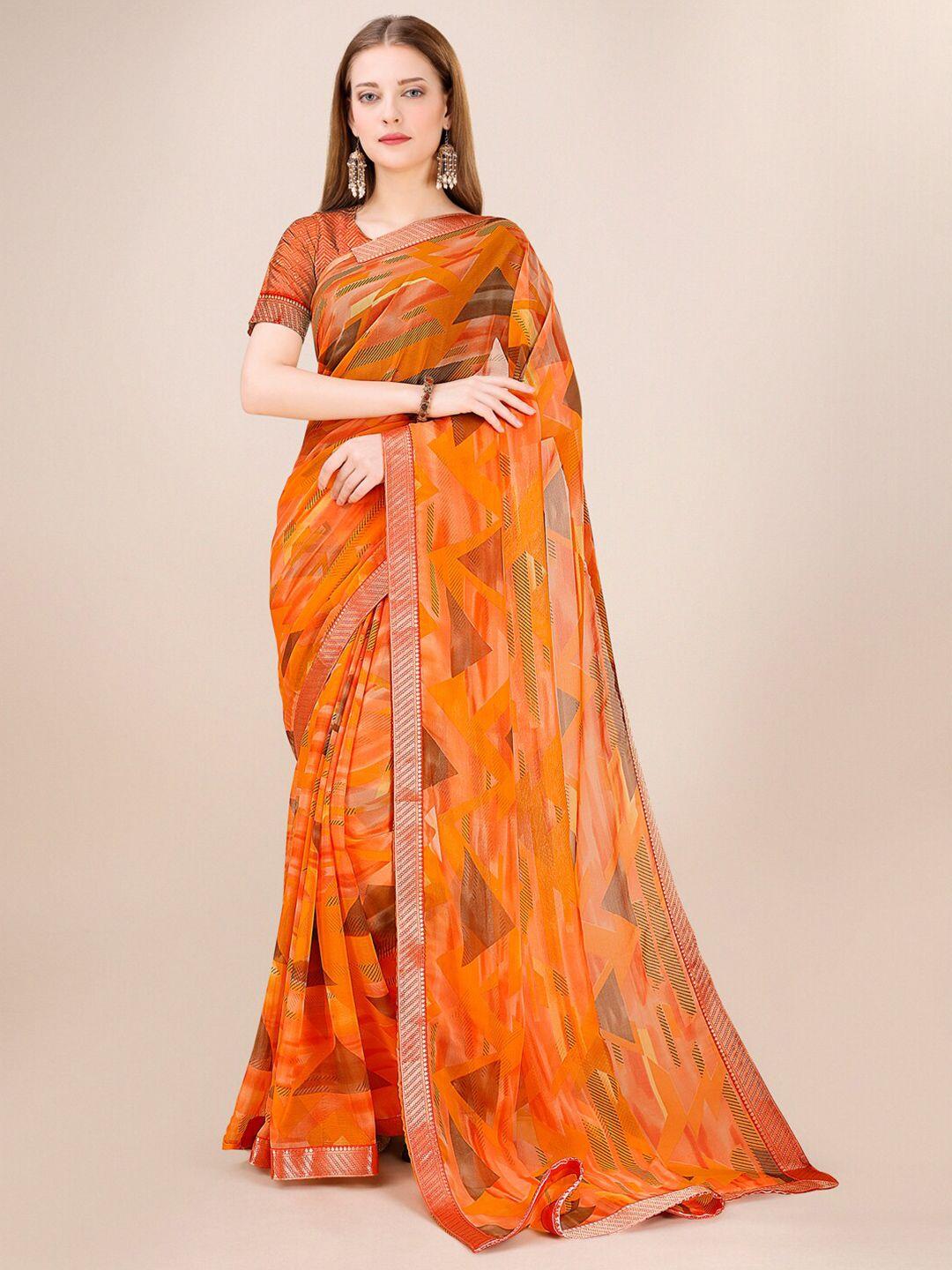 dori orange & gold-toned zari pure chiffon saree