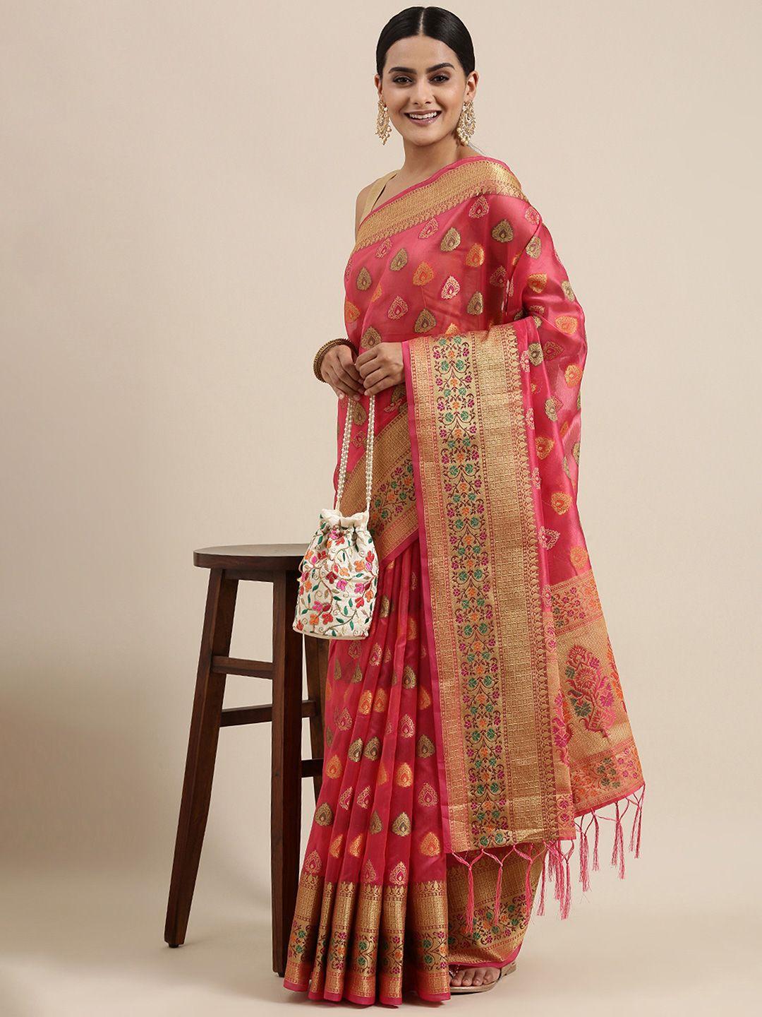 dori pink & gold-toned ethnic motifs organza designer saree