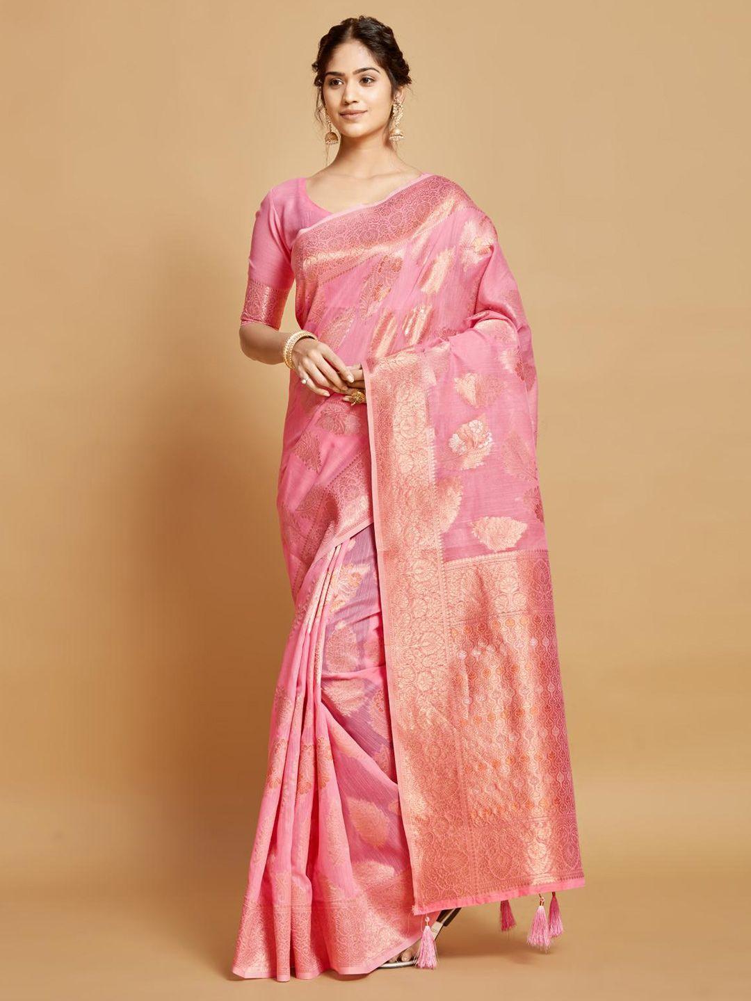 dori pink & gold-toned floral linen blend designer saree