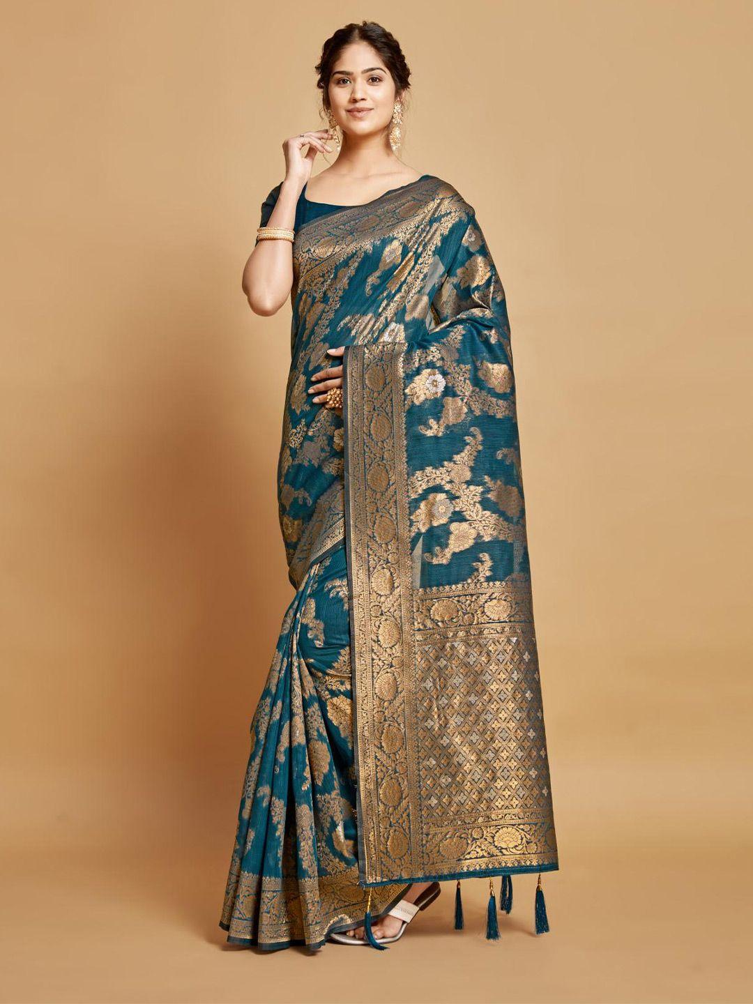 dori teal & gold-toned floral linen blend designer saree