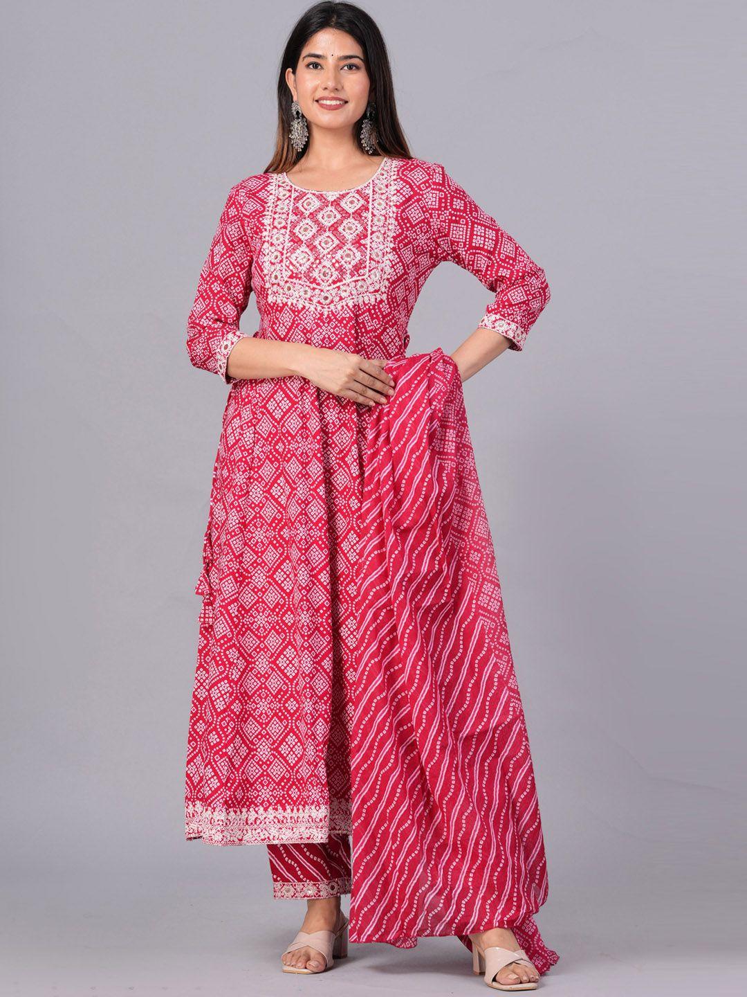 doriya bandhani printed round neck anarkali kurta with palazzos & with dupatta