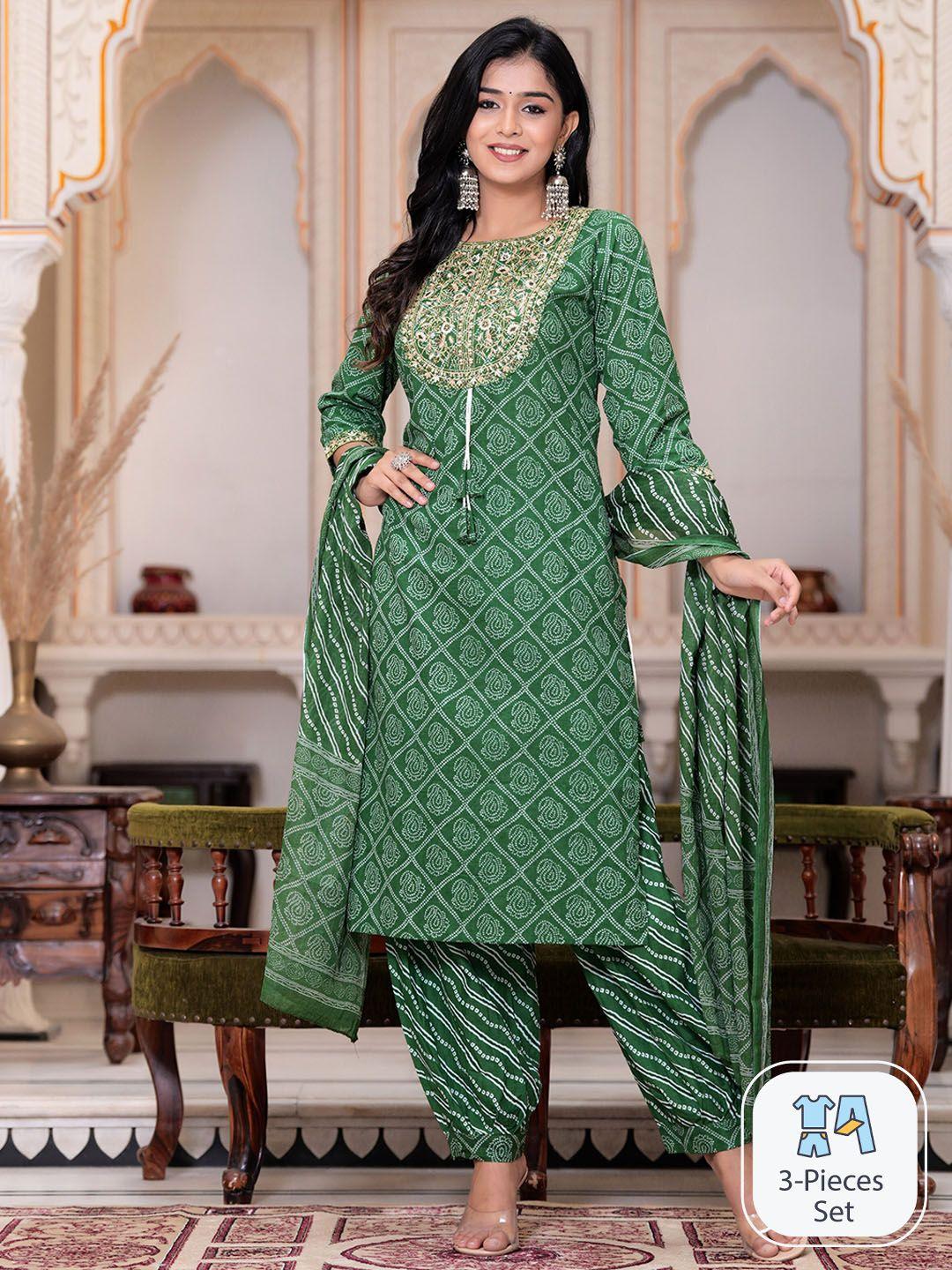 doriya bandhani printed thread work straight kurta with salwar & dupatta