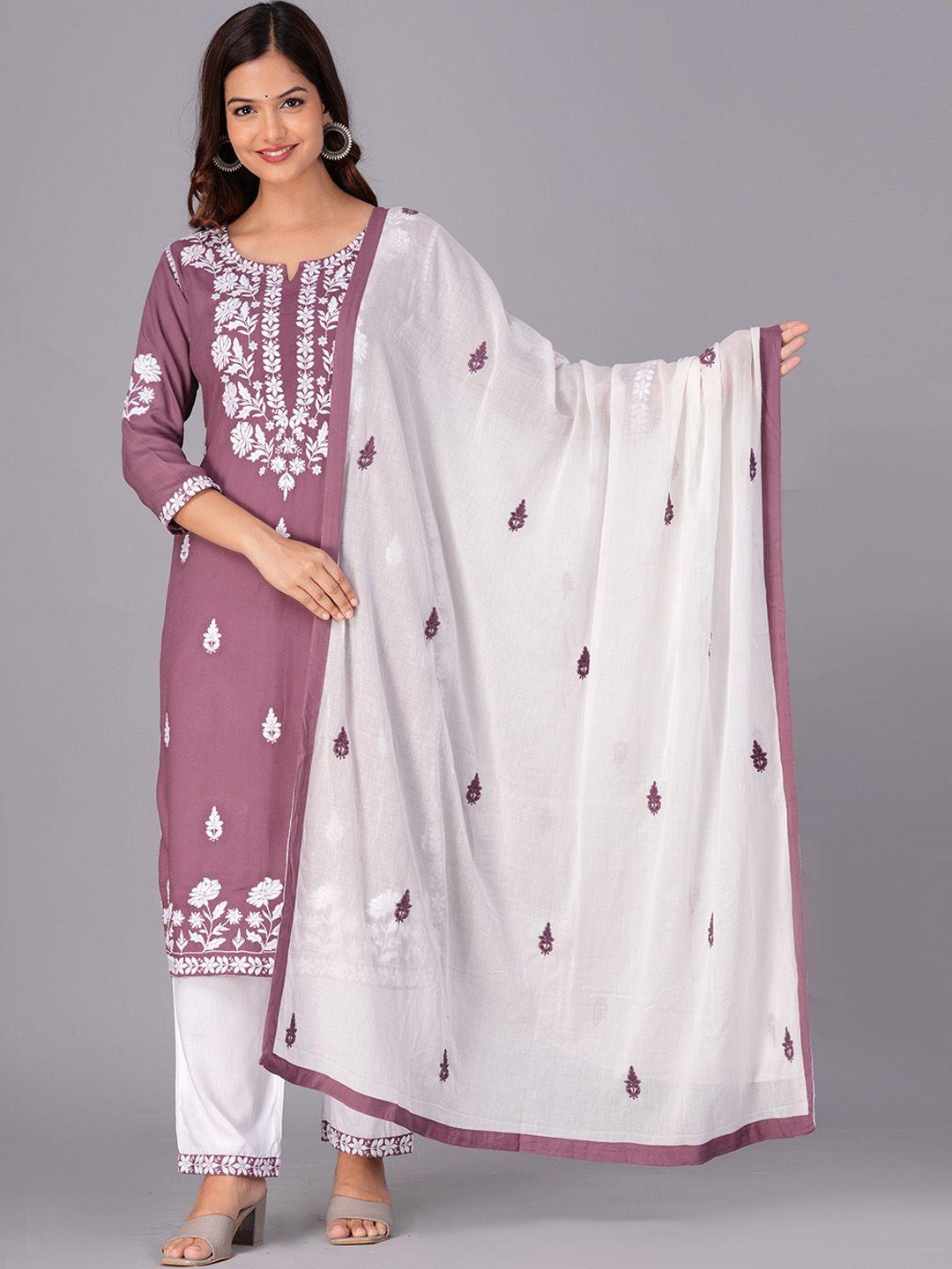 doriya floral embroidered round neck straight kurta with palazzos & dupatta