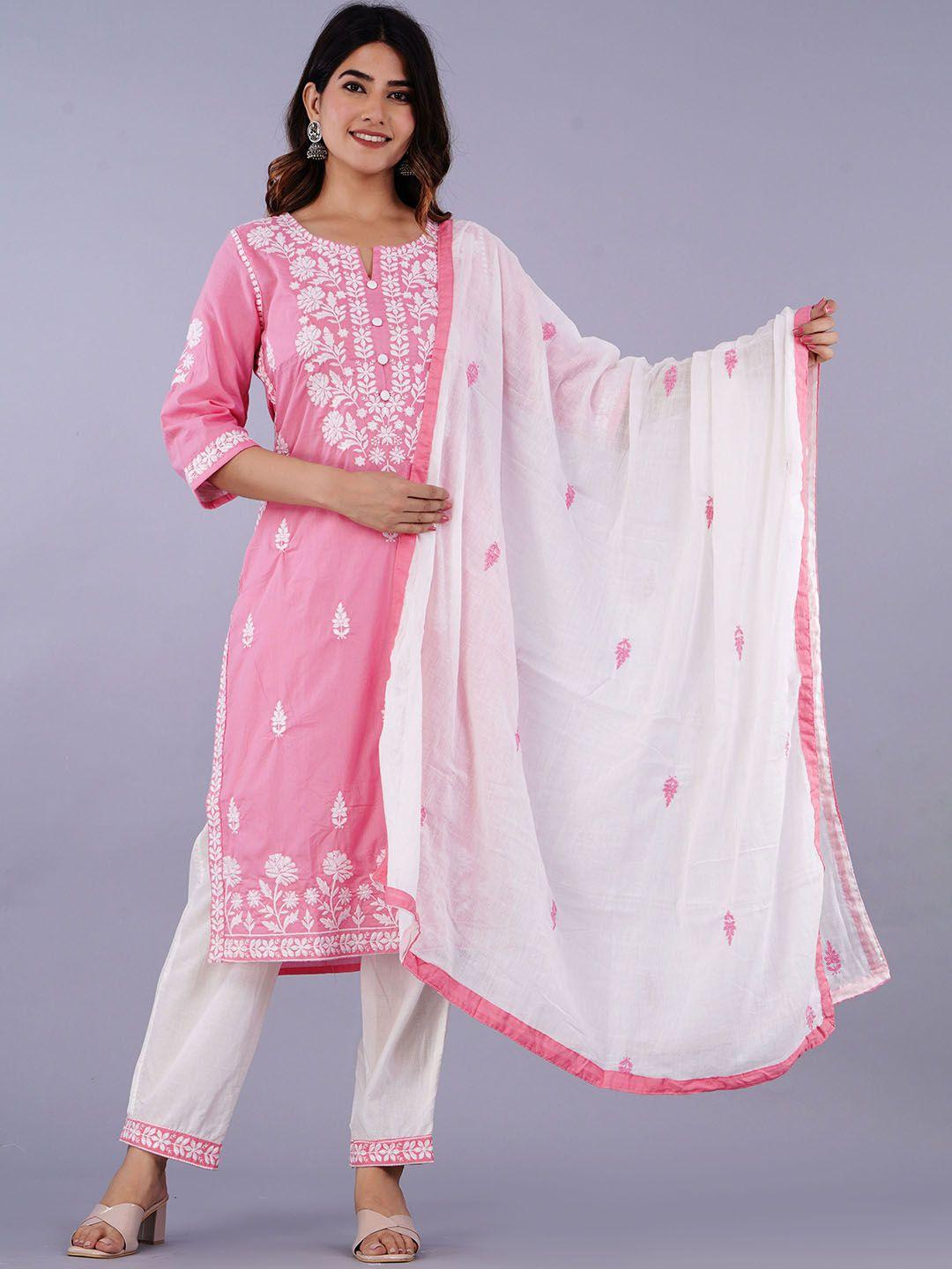 doriya floral printed thread work kurta with trousers & with dupatta