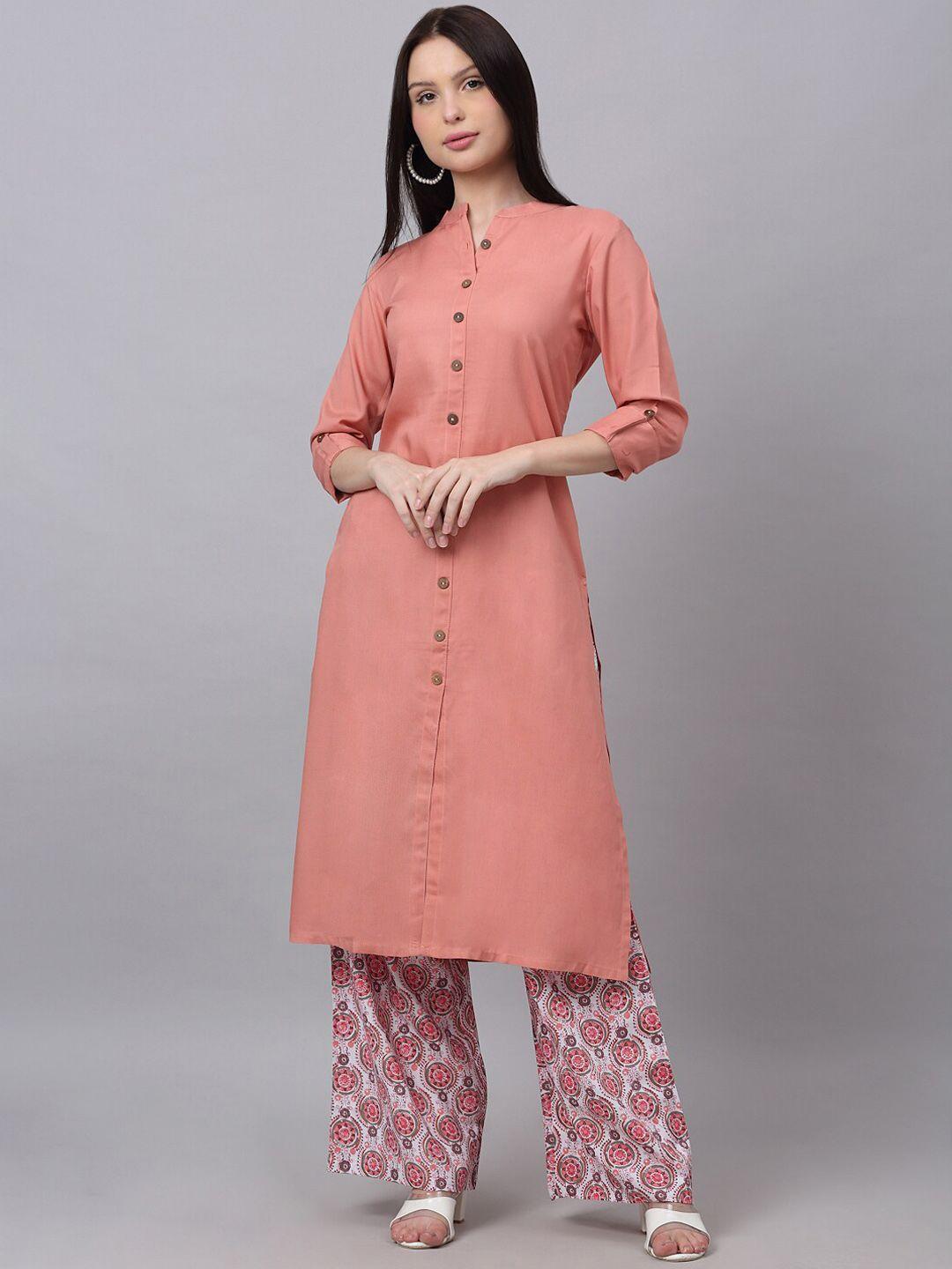 doriya mandarin collar roll-up sleeves straight kurta with palazzos