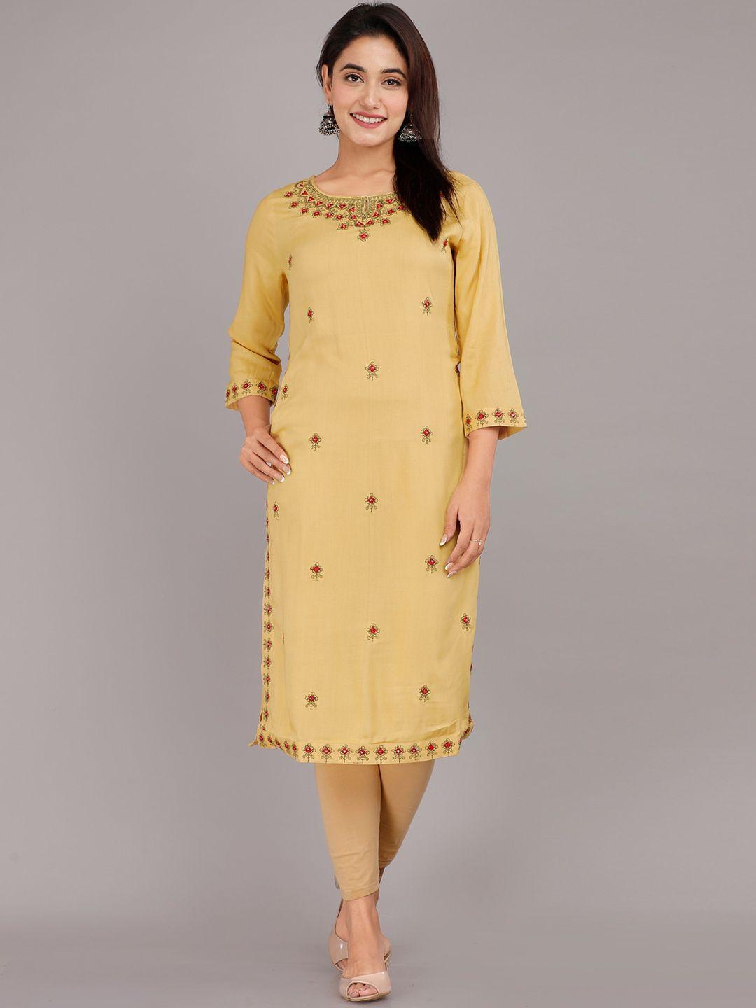 doriya women beige ethnic motifs embroidered thread work floral kurta