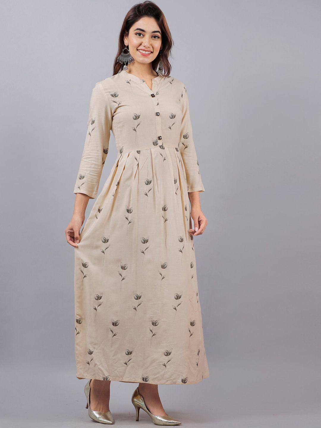 doriya women beige floral printed cold-shoulder sleeves thread work floral kurta