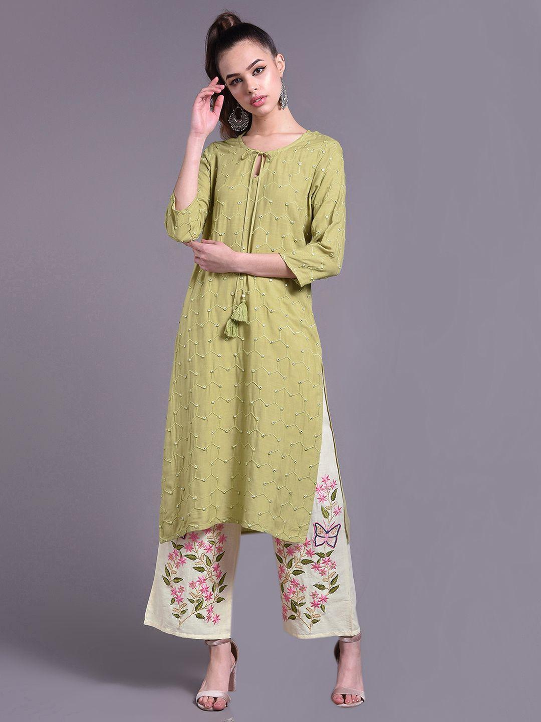 doriya women green ethnic motifs embroidered keyhole neck mirror work kurta