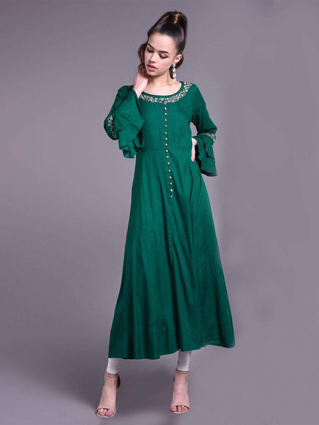 doriya women green flared sleeves mirror work kurta