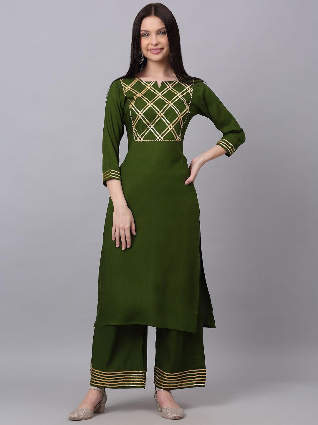 doriya women green yoke design gotta patti kurti with palazzos