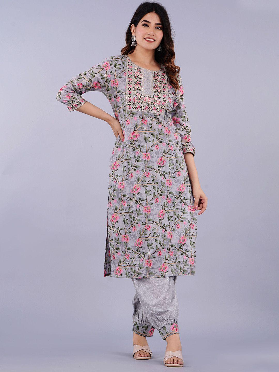 doriya women grey floral embroidered regular mirror work kurta with palazzos