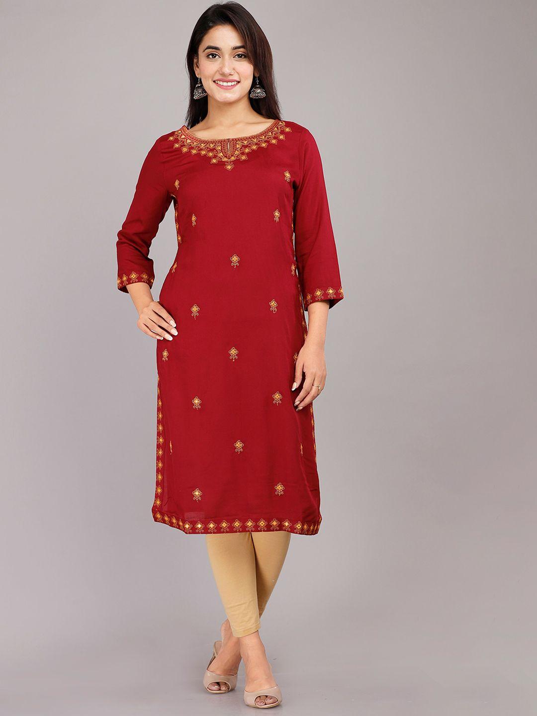 doriya women maroon ethnic motifs embroidered keyhole neck thread work floral kurta