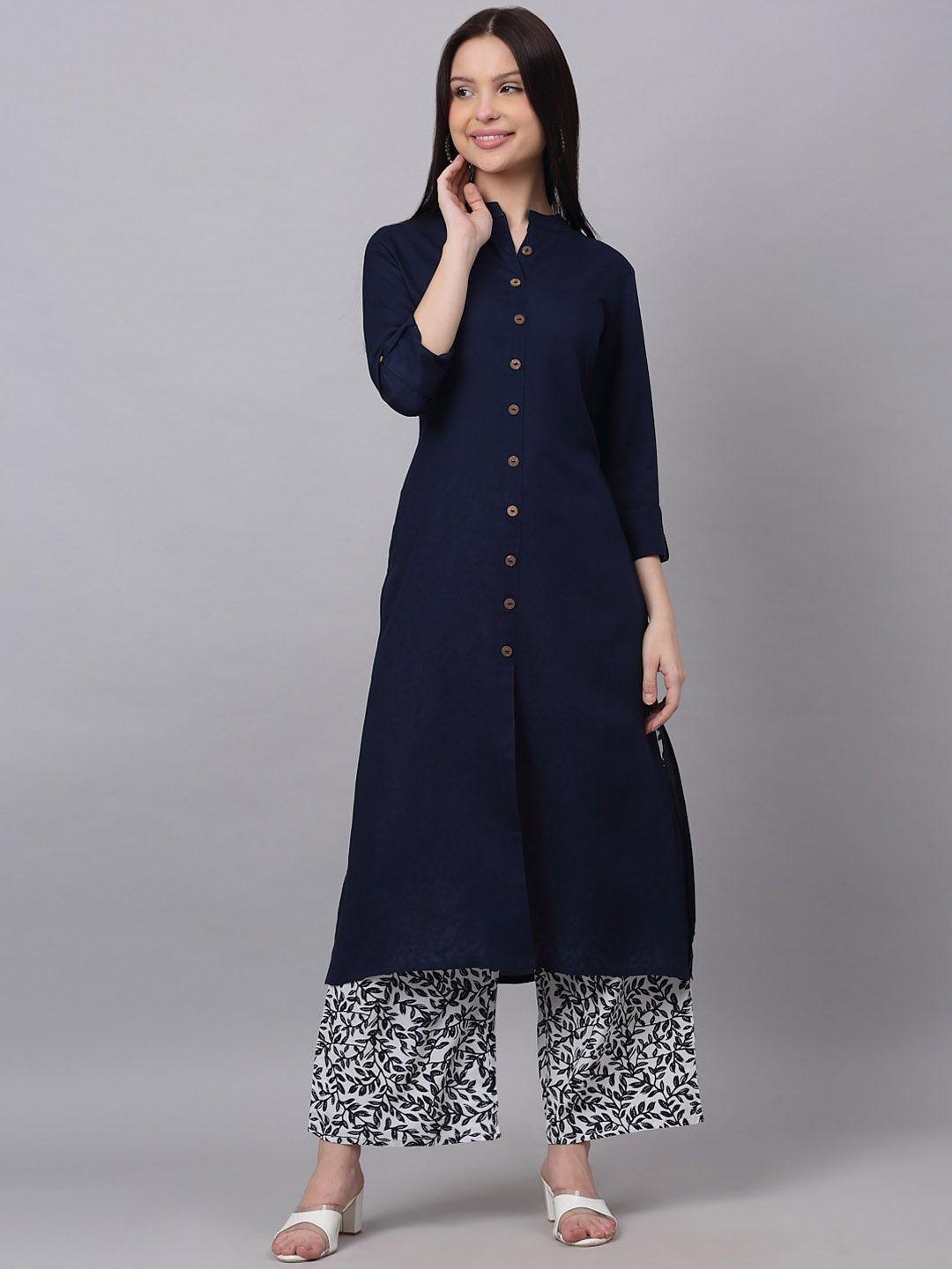 doriya women navy blue panelled kurti with palazzos