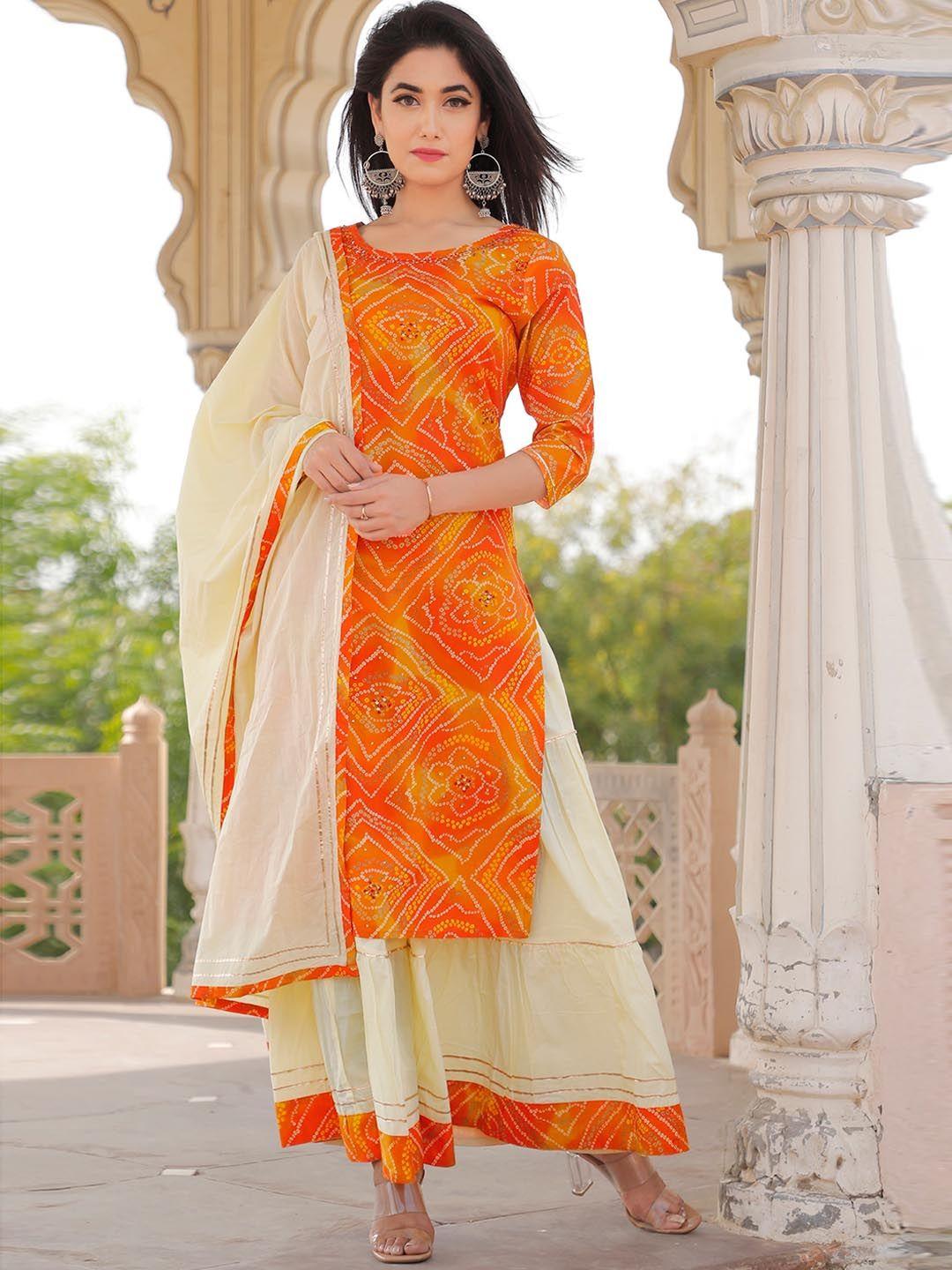 doriya women orange bandhani printed regular kurta with sharara & with dupatta