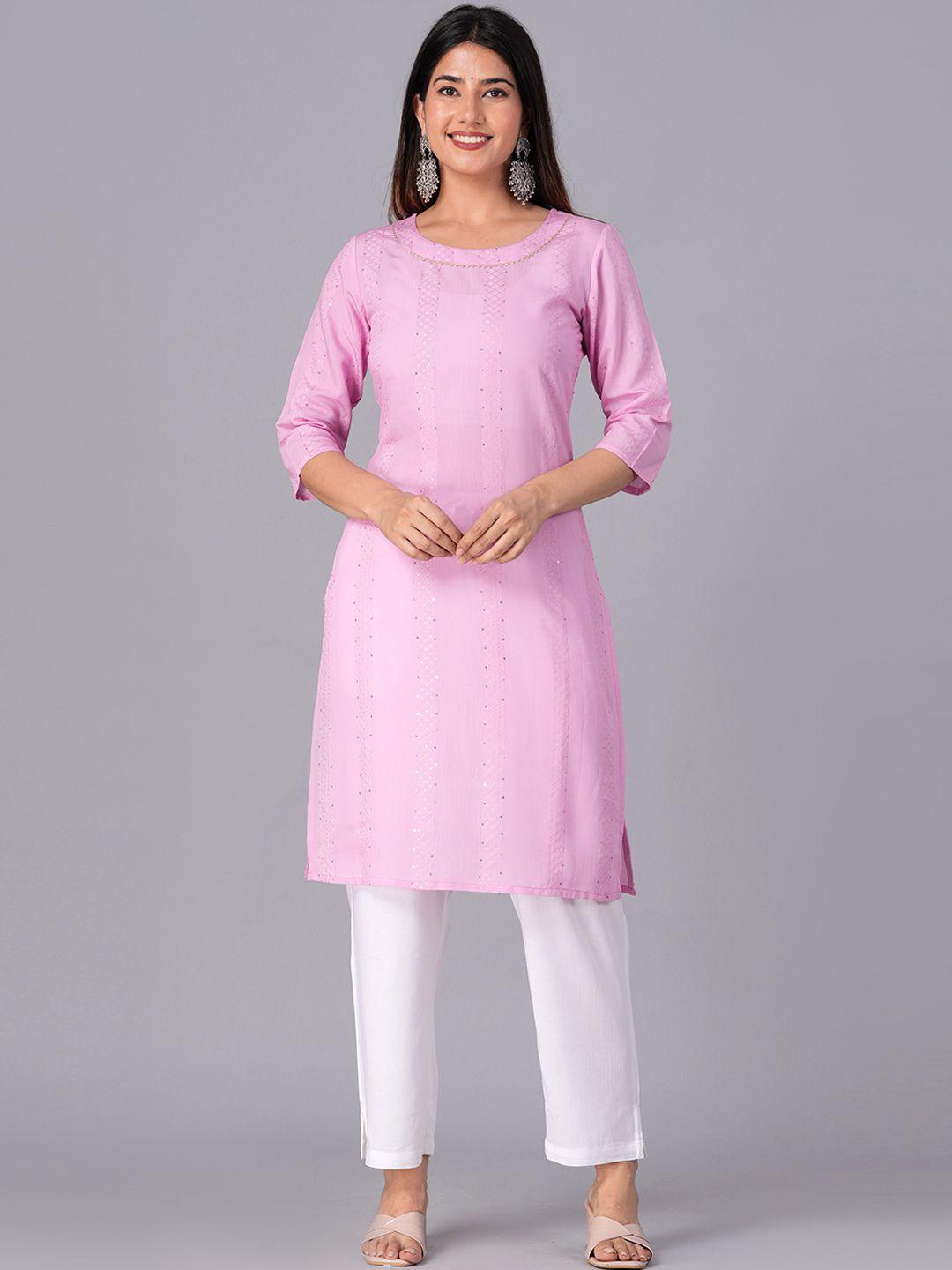 doriya women pink striped regular sequinned kurta with trousers & with dupatta