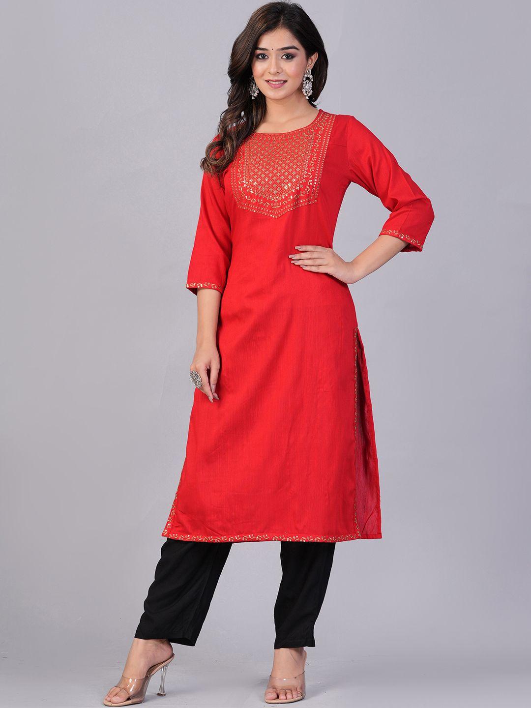 doriya women red embroidered kurta