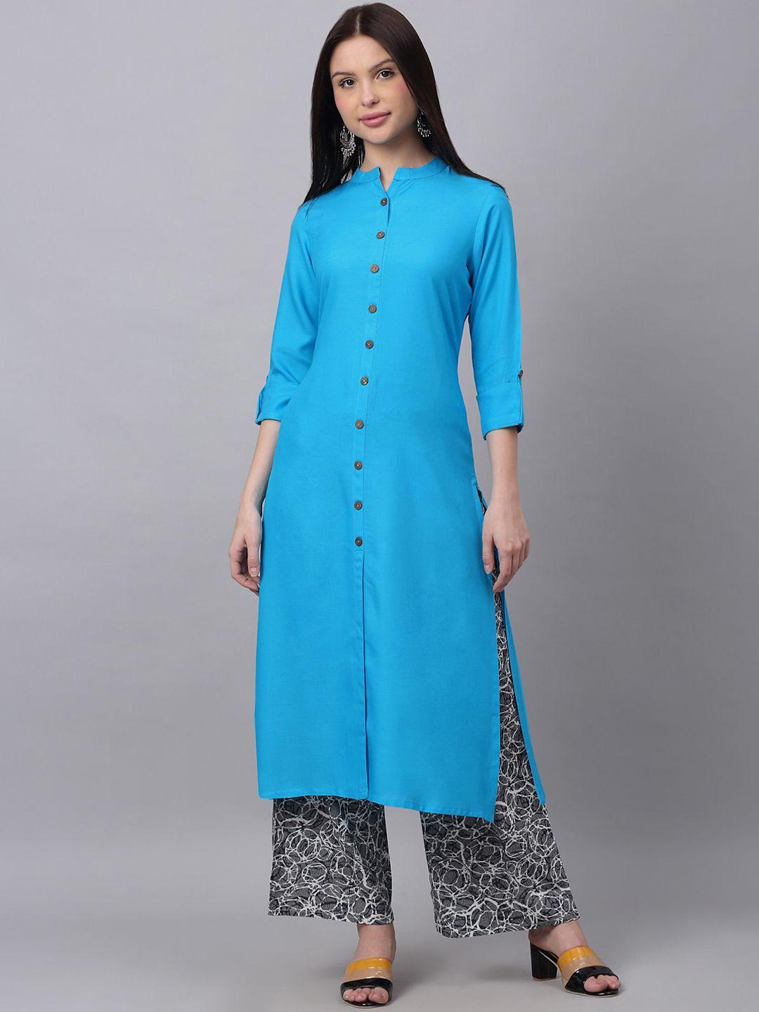 doriya women turquoise blue floral panelled kurti with palazzos