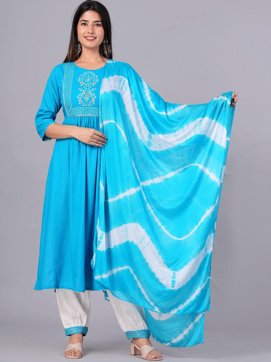 doriya women turquoise blue yoke design regular thread work kurta with salwar & with dupatta