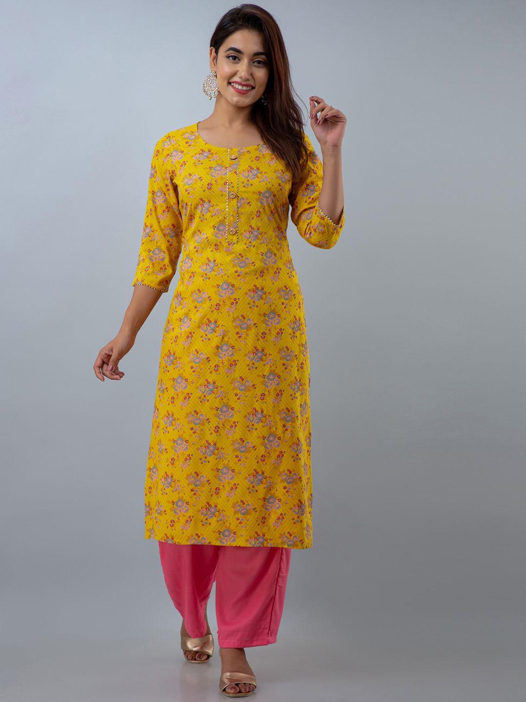 doriya women yellow floral embroidered panelled kurti with palazzos