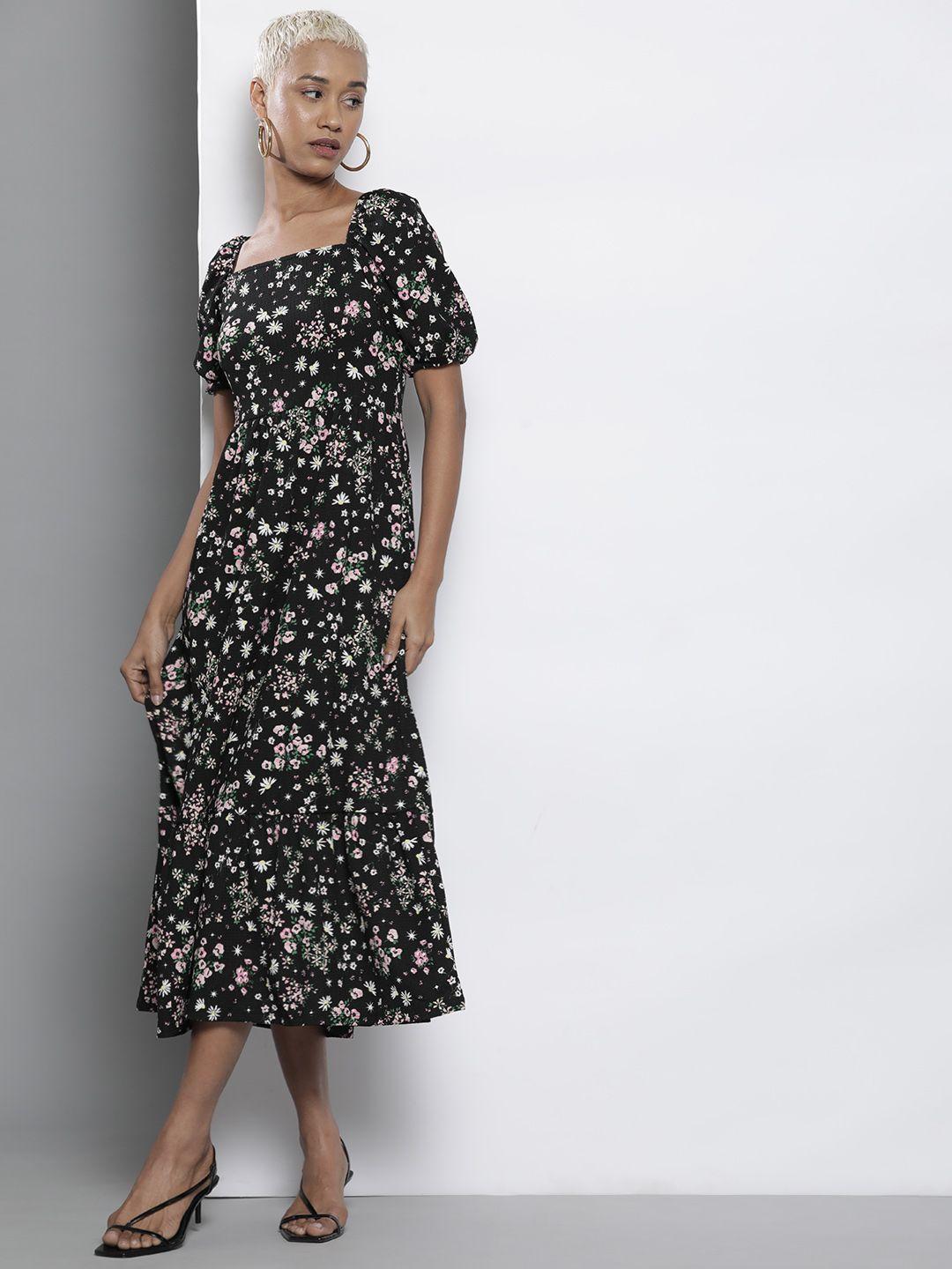 dorothy perkins ditsy floral printed puff sleeve a-line midi dress