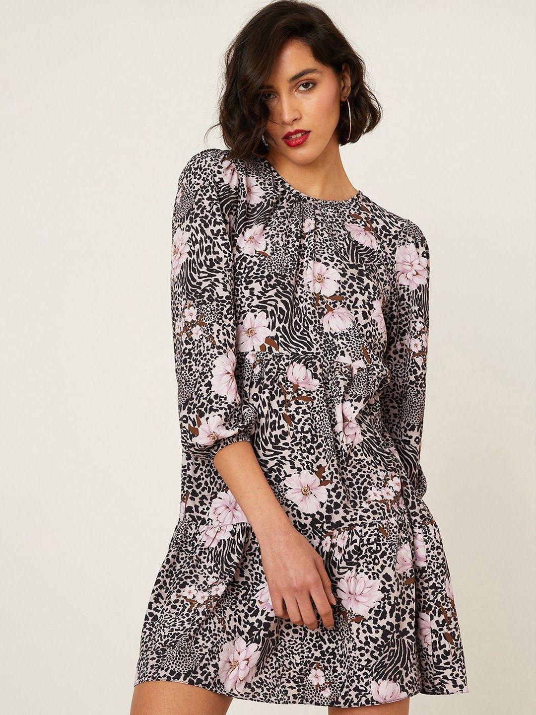 dorothy perkins floral & animal print puff sleeves a-line mini dress