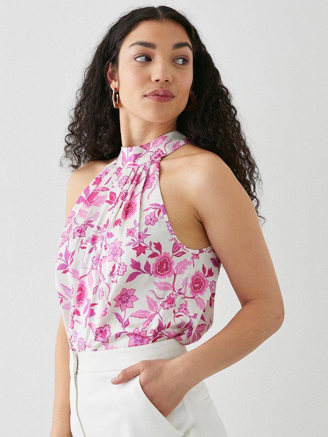dorothy perkins satin finish floral print pleated top with tie-up closure