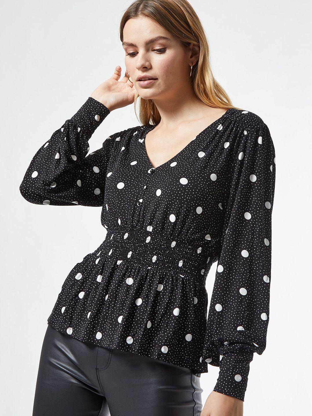 dorothy perkins women black & white knitted polka dots printed cinched waist top
