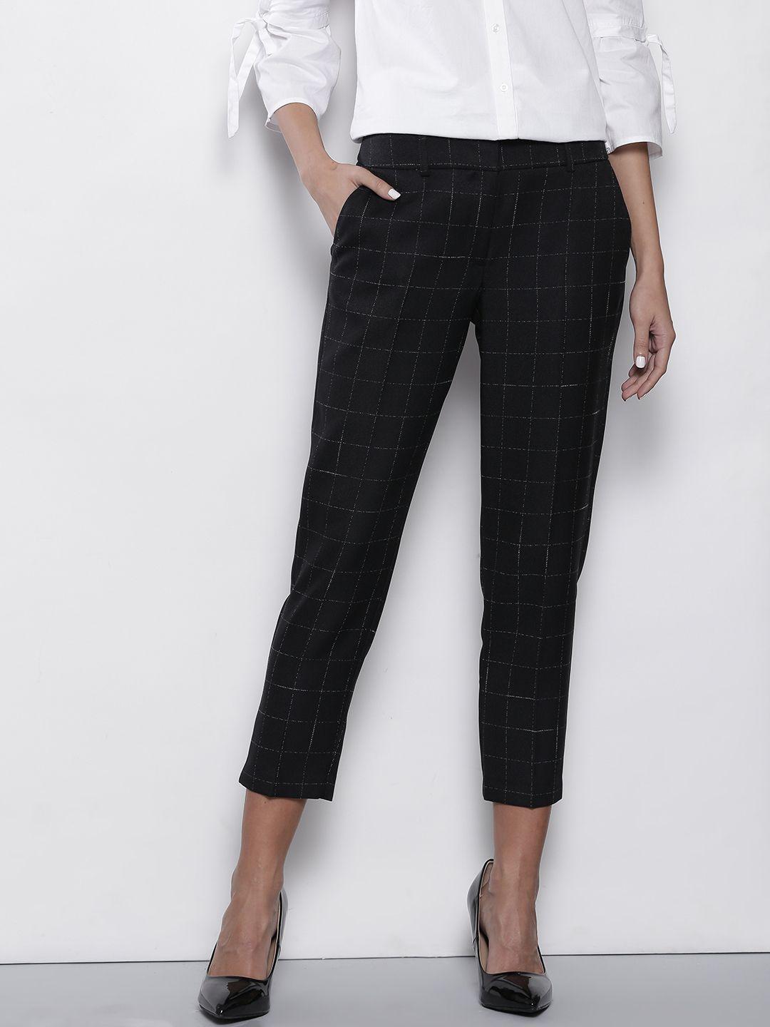 dorothy perkins women black checked cropped trousers