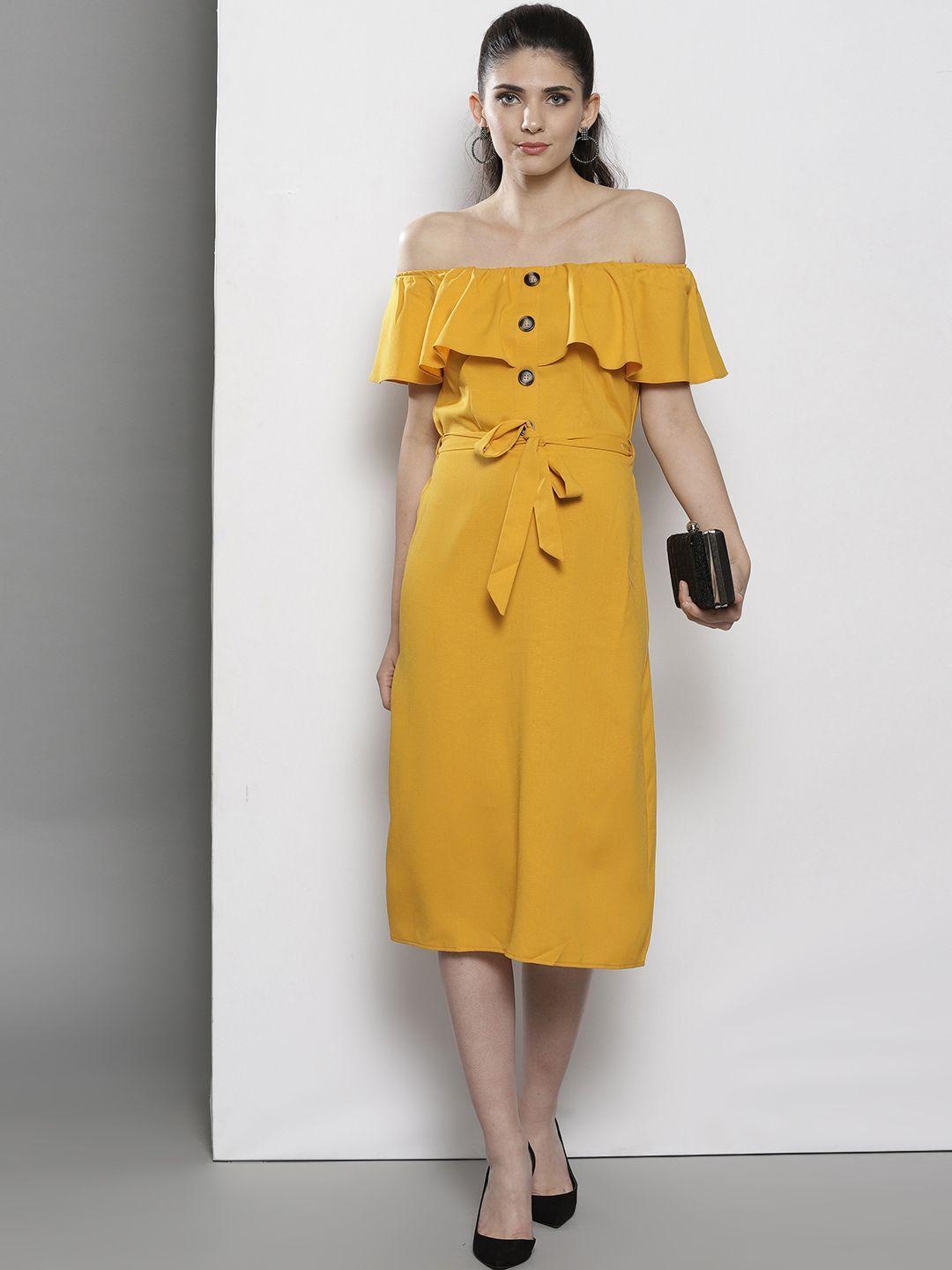 dorothy perkins women mustard yellow solid bardot a-line dress