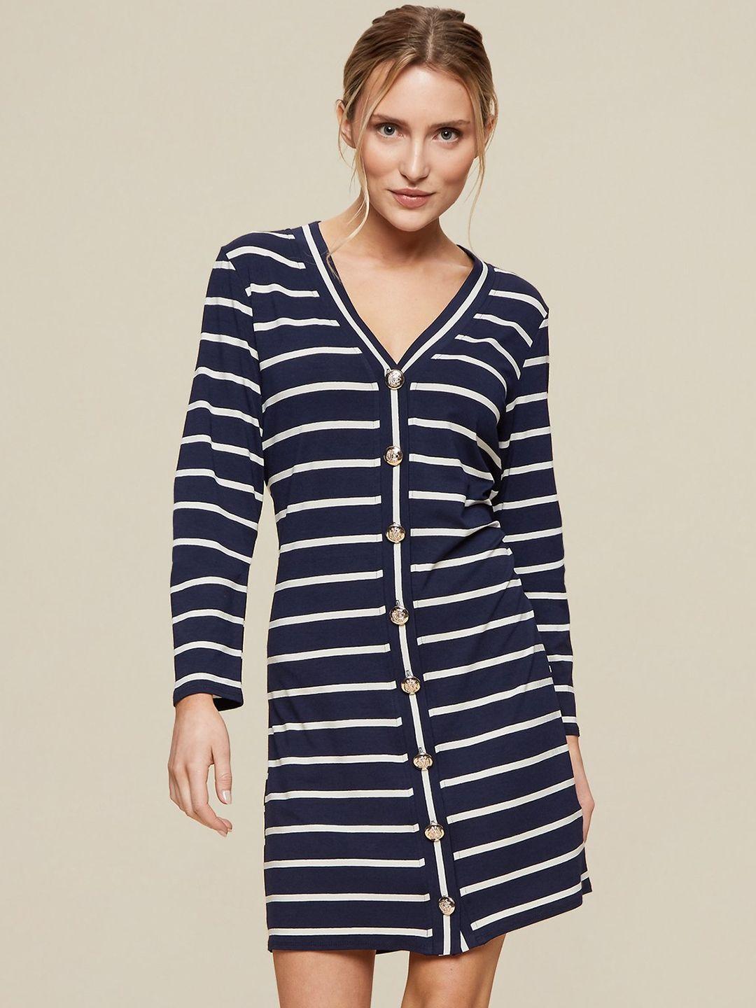 dorothy perkins women navy blue & white striped a-line dress