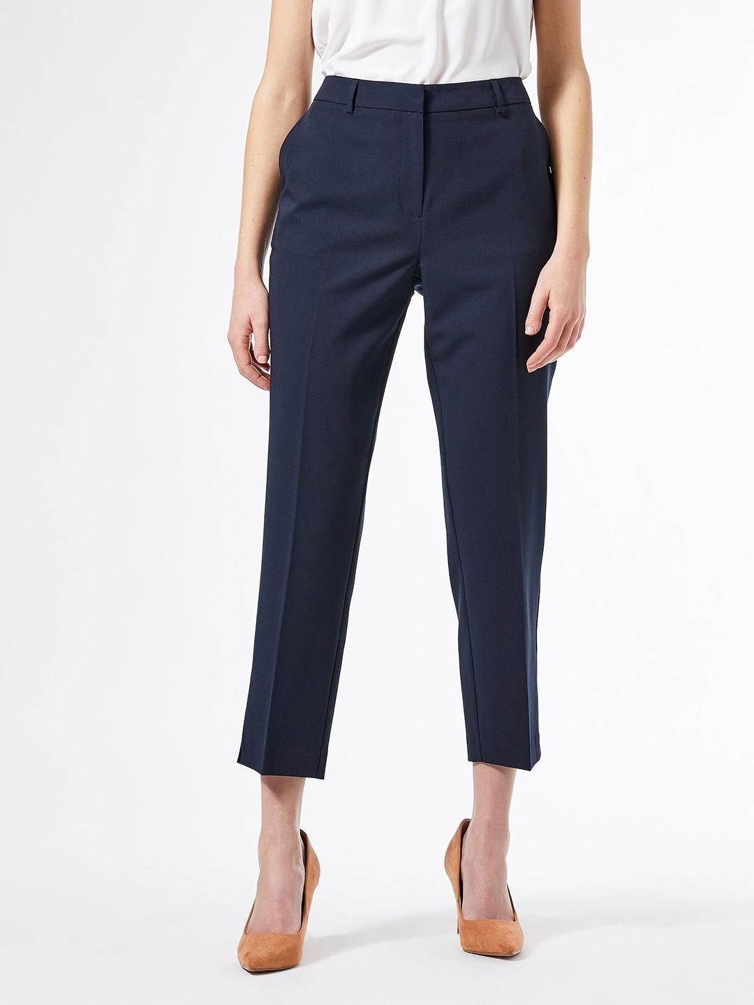dorothy perkins women navy blue solid cropped formal trousers