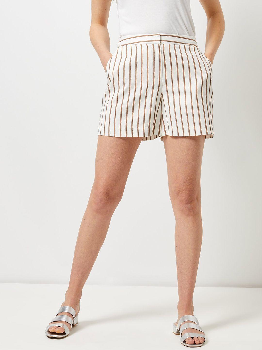 dorothy perkins women off-white & brown striped regular fit shorts